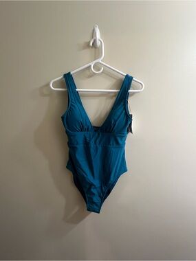 Quince Italian Plunge One Piece Swimsuit Size Small Lagoon Teal Blue NWT